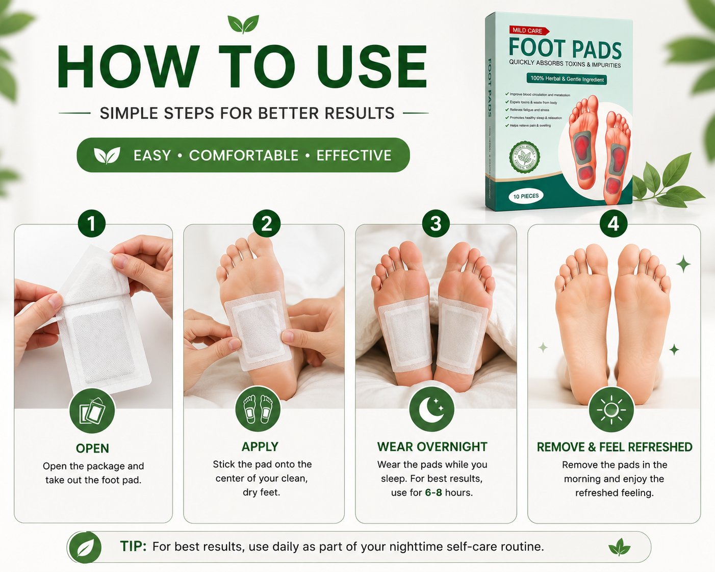 Premium Herbal Foot Pads | Overnight Self-Care (Pack of 10)