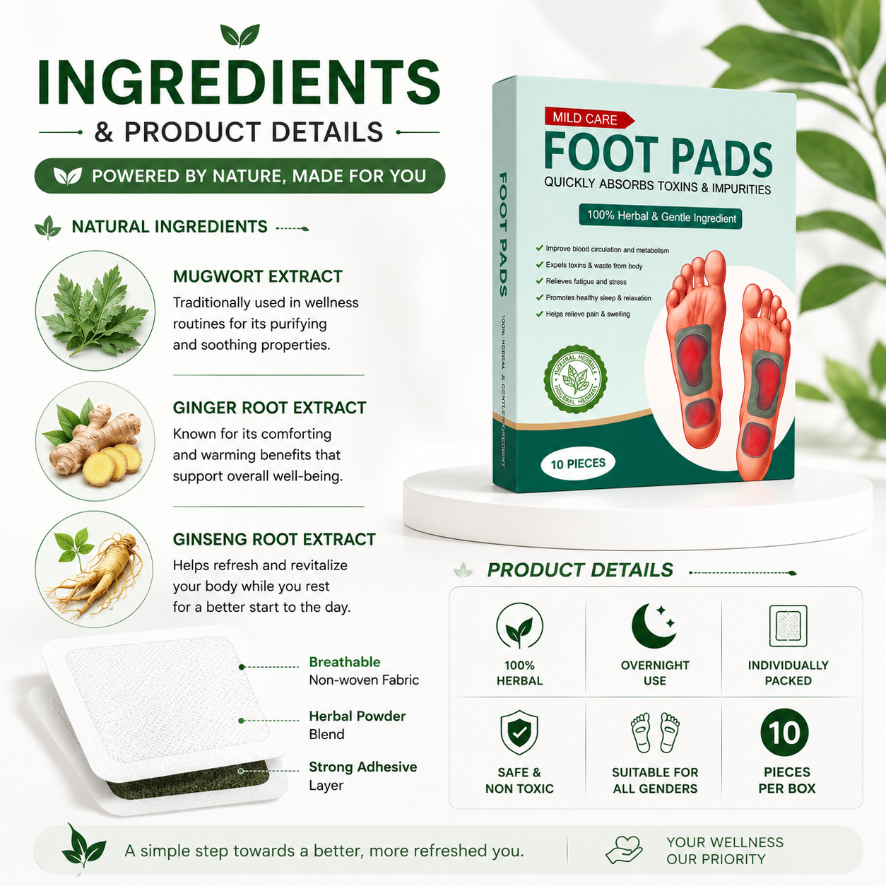 Premium Herbal Foot Pads | Overnight Self-Care (Pack of 10)